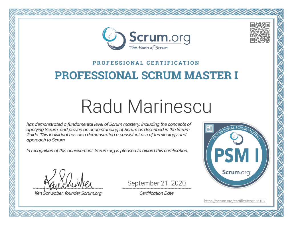 Professional Scrum Master 1 Certification PSM I